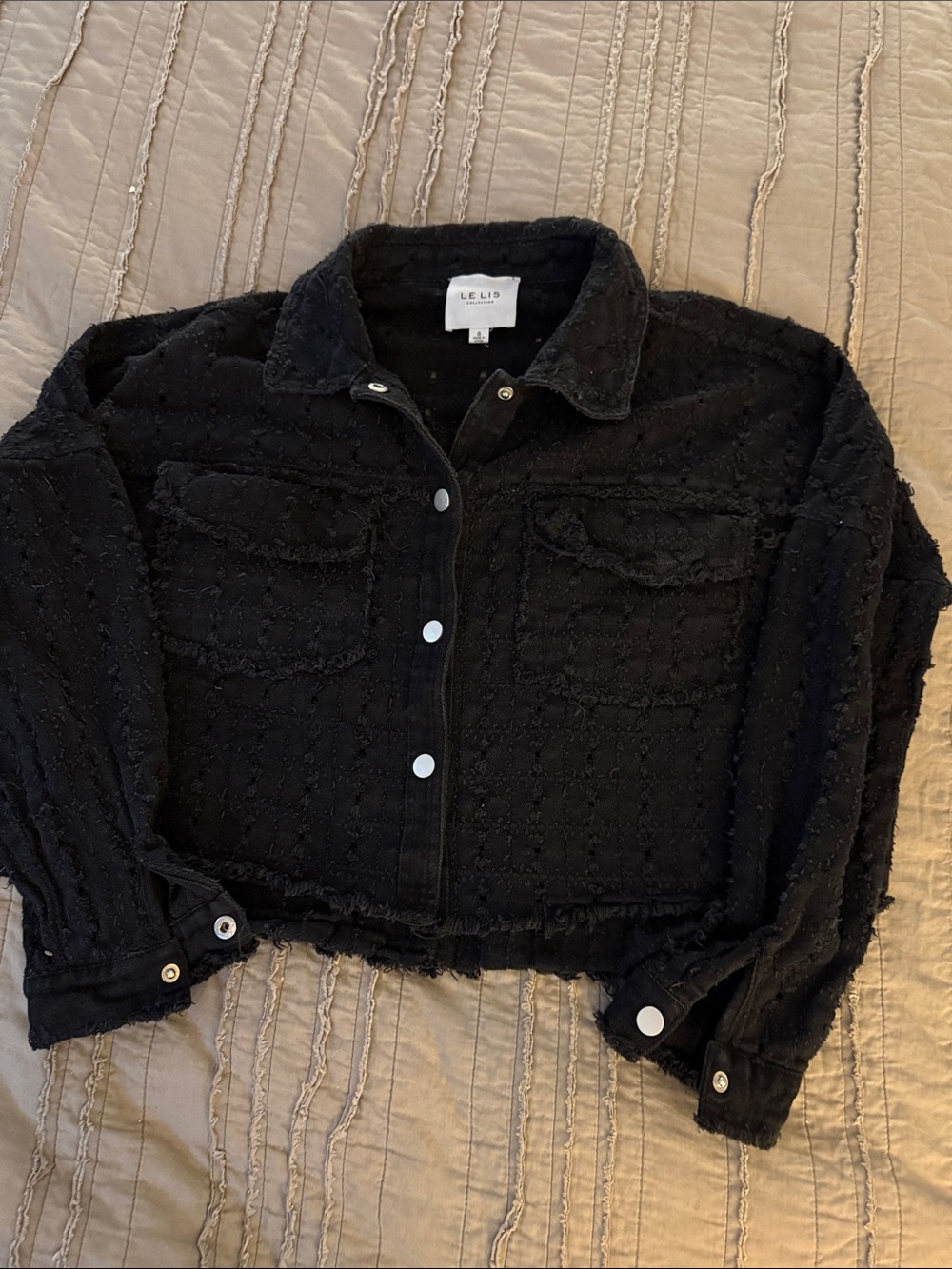 Le Lis Black Eyelet distressed Textured Cropped Button  Jean Jacket